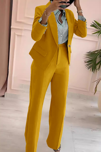 Yellow Business Wear Office lady Solid Color Patchwork Turn-back Collar Long Sleeve Two Pieces