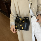 Red Quilted Embellished Bucket Bag Drawstring Chain Crossbody
