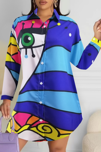 Blue Pop Art Oversized Shirt Graphic Print Long Sleeve Casual Top