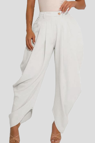 White High Waisted Pleated Wide-Leg Pants Metal Clasp Loose Cuffed Trousers