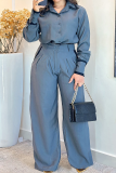Gray Blue Casual Solid Color Contrast Shirt Collar Long Sleeve Two Pieces