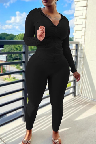 Black Casual Solid Color Zipper Hooded Long Sleeve Two Pieces