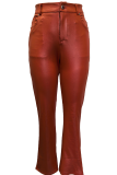 Brown Red Casual Solid Color Patchwork Regular Conventional Patchwork Bottoms