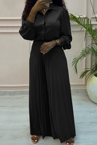 Black Casual Solid Color Pleated Shirt Collar Long Sleeve Two Pieces