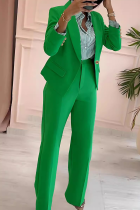 Green Business Wear Office lady Solid Color Patchwork Turn-back Collar Long Sleeve Two Pieces