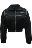 Black Casual Solid Color Zipper Turndown Collar Outerwear