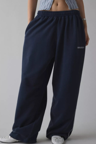 Deep Blue Women's Embroidered Loose Straight Leg Pants Casual Trendy Versatile Commute Sport Trousers