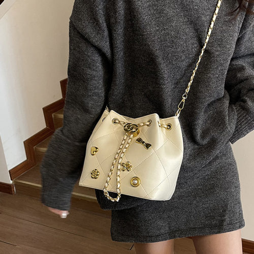White Quilted Embellished Bucket Bag Drawstring Chain Crossbody