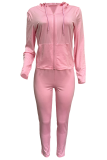 Pink Casual Solid Color Zipper Hooded Long Sleeve Two Pieces