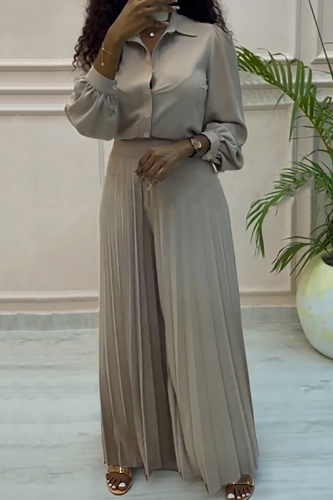 Khaki Gray Casual Solid Color Pleated Shirt Collar Long Sleeve Two Pieces