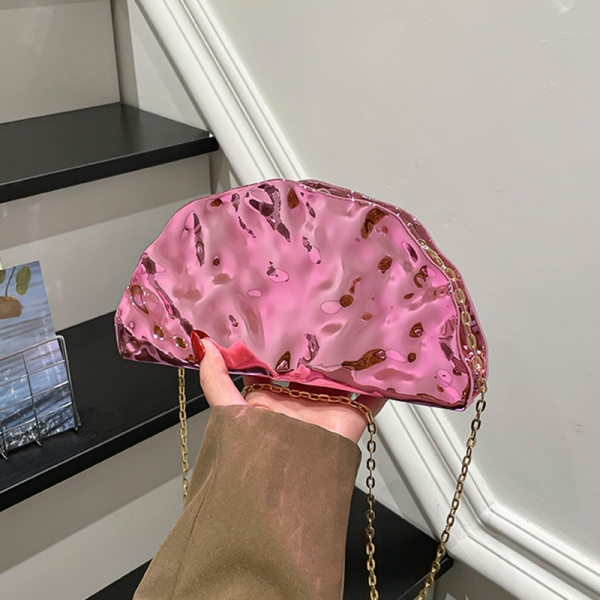 Pink Shiny Ruched Fan Bag Chain-Strap Crossbody Clutch Purse