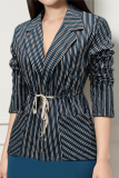 Blue Casual Stripe Strap Design Turn-back Collar Outerwear