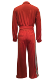 Brick Red Casual Solid Color Webbing Zipper Collar Long Sleeve Two Pieces