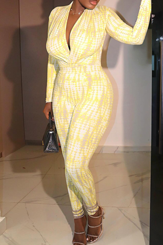 Light Yellow Casual Print Patchwork Deep V Neck Skinny Jumpsuits