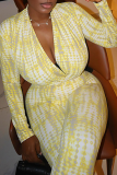 Light Yellow Casual Print Patchwork Deep V Neck Skinny Jumpsuits