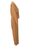 Brown Casual Solid Color Pocket O Neck Long Sleeve Two Pieces
