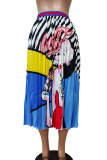 Blue Pop Art Print Pleated Midi Skirt Trendy Fashion Half Skir