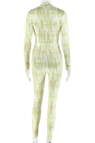 Light Yellow Casual Print Patchwork Deep V Neck Skinny Jumpsuits