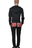 Black Casual Letters Contrast Hooded Long Sleeve Two Pieces