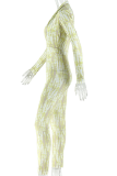 Light Yellow Casual Print Patchwork Deep V Neck Skinny Jumpsuits