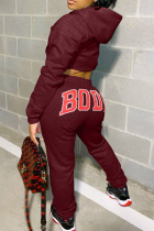 Burgundy Casual Letters Contrast Hooded Long Sleeve Two Pieces
