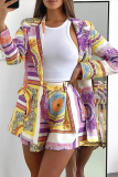 Light Green Vintage Printed Blazer Two Piece Set Loose Coat High Waist Shorts Fashion Outfit