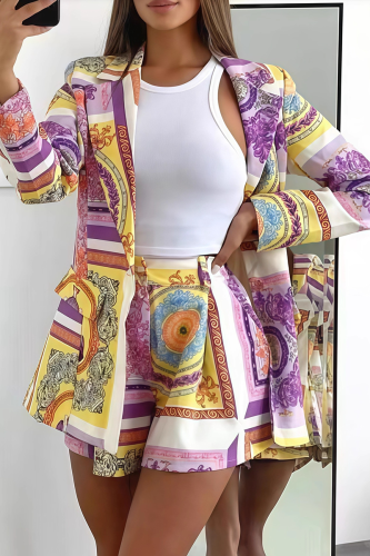 Purple Vintage Printed Blazer Two Piece Set Loose Coat High Waist Shorts Fashion Outfit