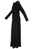 Black Minimalist Round Neck Zipper Long Sleeve Dress Slim Flare Office Elegant Maxi Dress