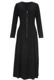 Black Minimalist Round Neck Zipper Long Sleeve Dress Slim Flare Office Elegant Maxi Dress