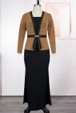 Rose Red Trimmed Cardigan Style Dress Waist Slim Elegant Maxi Dress