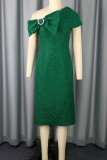 Ink Green Elegant Solid Color Bow Decor Oblique Collar Long Plus Size Dresses