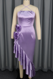 Purple Cross Halter 3D Flower Dress Asymmetric Ruffle Slim Party Midi Dress