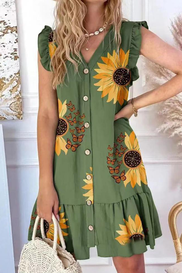 Green Botanical Print V Neck Button Dress Ruffle Sleeve Waist Ruffle Casual Mini Dress