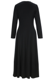 Black Minimalist Round Neck Zipper Long Sleeve Dress Slim Flare Office Elegant Maxi Dress