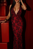 Red Y2K Halter Deep V Sequin Maxi Dress Slim Party Elegant Dress