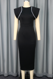 Black Piped Trim Flutter Sleeve Dress Slim Fit Bodycon Elegant Midi Cocktail Dress