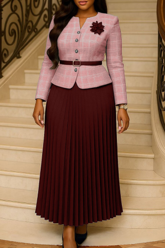Burgundy Vintage Plaid Round Neck Dress With Belt Brooch Waist Pleated Maxi Dress