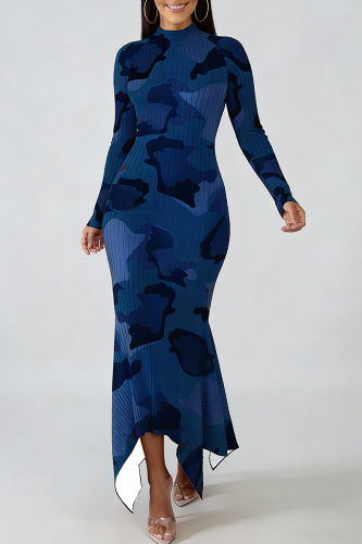 Blue Casual Camouflage Print Irregular Irregular Hem O Neck Irregular Dresses
