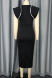 Black Piped Trim Flutter Sleeve Dress Slim Fit Bodycon Elegant Midi Cocktail Dress