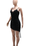 Black Y2K Sequin Lace Camisole Dress Asymmetric Hem Party Dress