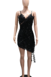 Black Y2K Sequin Lace Camisole Dress Asymmetric Hem Party Dress