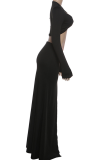 Black Hollow Out V Neck Two Piece Set Long Sleeve Top Slim Fit Maxi Skirt Sexy Vacation Outfit