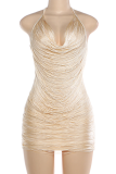 Apricot Halter Neck Fringe Dress Bodycon Waist-Cinched Figure Flattering Party Mini Dress