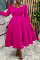 Rose Red Square Neck Puff Sleeve Dress Waist Cinched Flared Retro Midi Dress