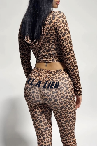 Brown Casual Leopard Print Camouflage Print Zipper Hooded Long Sleeve Two Pieces
