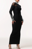 Black Rhinestone Embellished Turtleneck Mesh Dress Slim Fit Long Sleeve Elegant Maxi Evening Dress