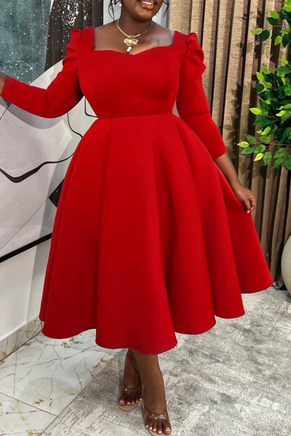 Red Square Neck Puff Sleeve Dress Waist Cinched Flared Retro Midi Dress