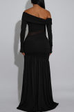 Red Off Shoulder Mesh Panel Dress Ruched Slit Slim Maxi Elegant Evening Gown