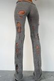 Black Distressed Knit Pants Flared Leg Edgy Street Style Casual Trousers