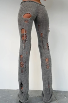 Grey Distressed Knit Pants Flared Leg Edgy Street Style Casual Trousers